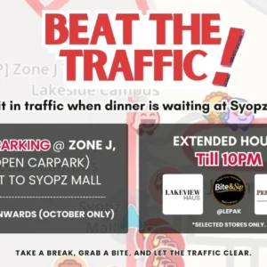 Beat the Traffic at Syopz Mall: Zone J free parking from 6PM throughout October and selected outlets open until 10PM