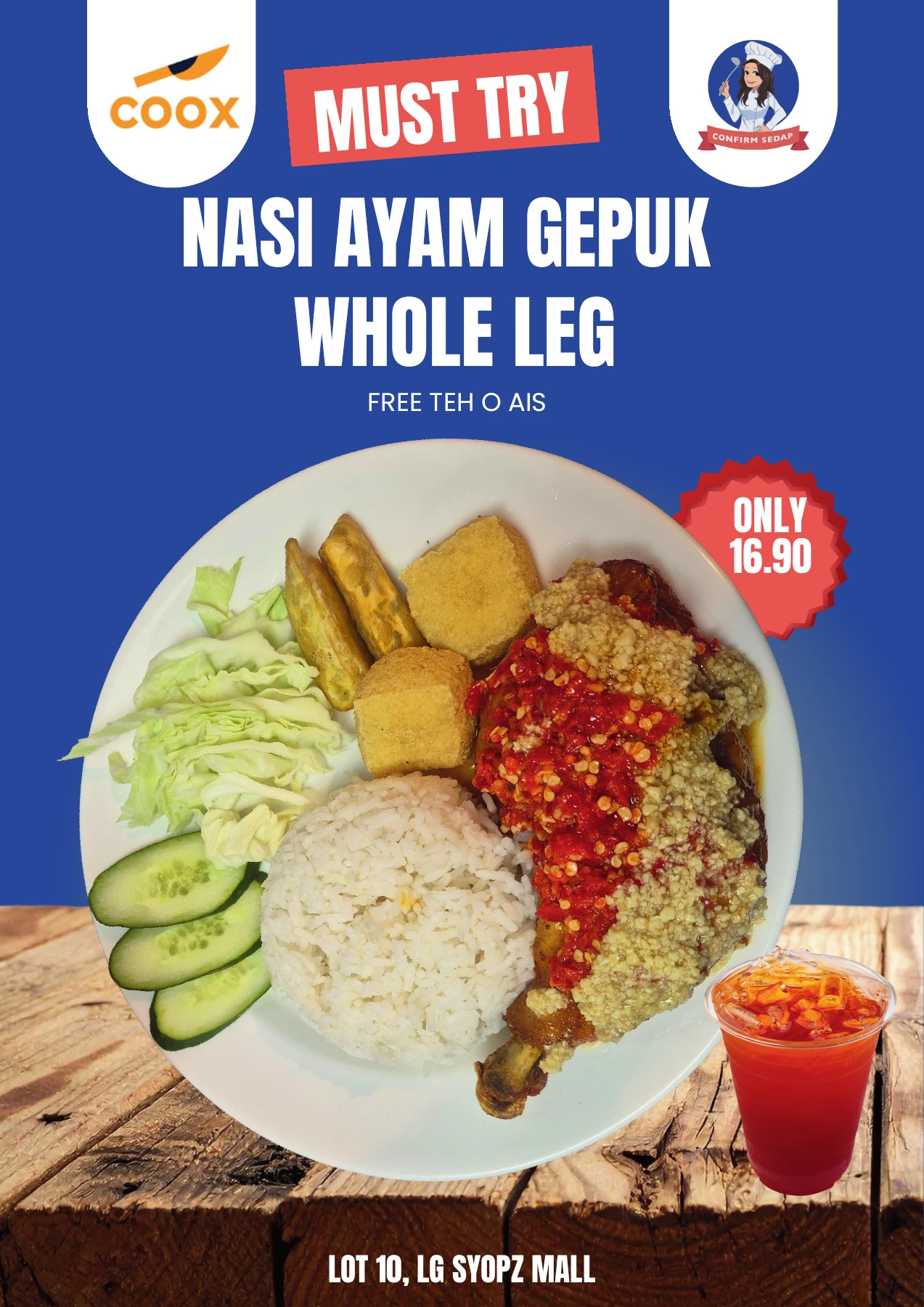 COOX Nasi Ayam Gepuk Whole Leg with free Teh O Ais for RM16.90