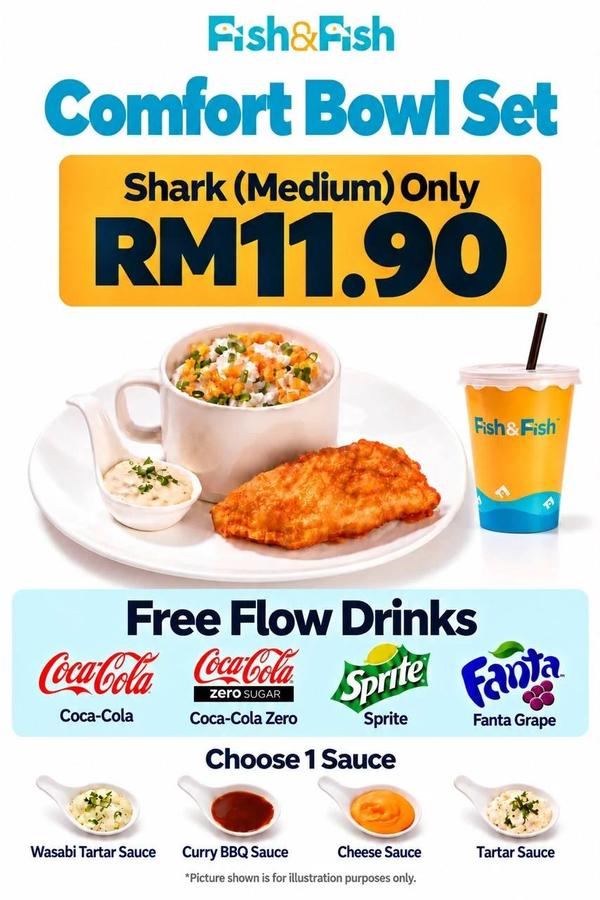 Fish & Fish fish comfort bowl set with free flow drinks