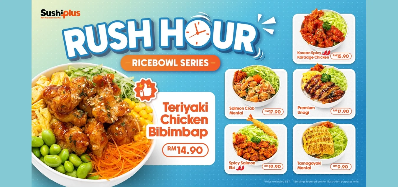 Sushi Plus Rush Hour Ricebowl Series with six ricebowls and prices