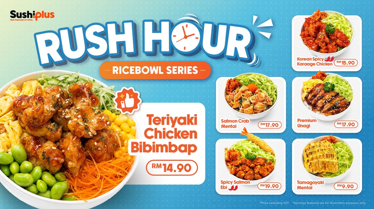 Sushi Plus Rush Hour Ricebowl Series with six ricebowls and prices